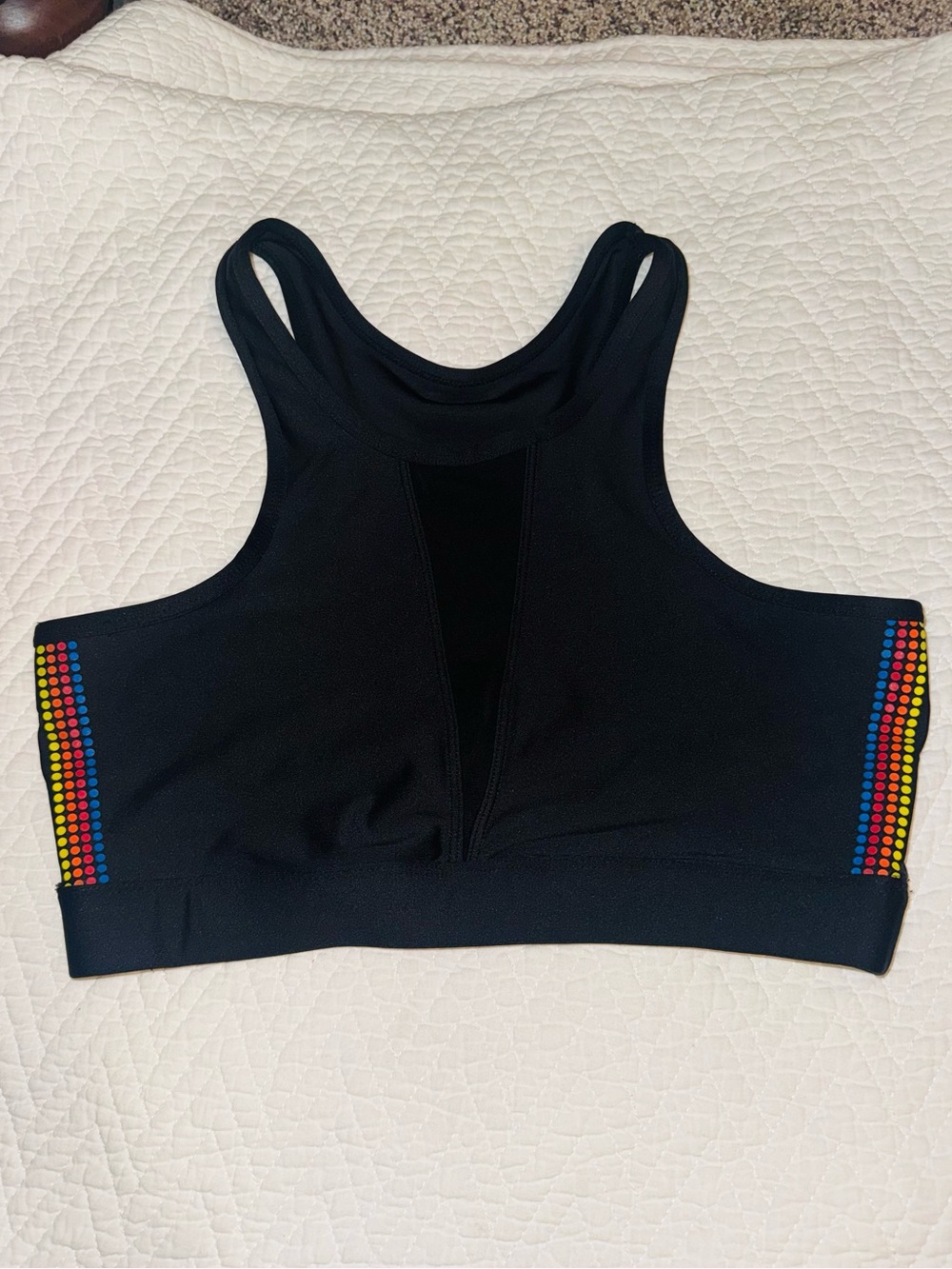 👑 Size Medium Mesh Black High-Neck Sports Bra with Rainbow Dot